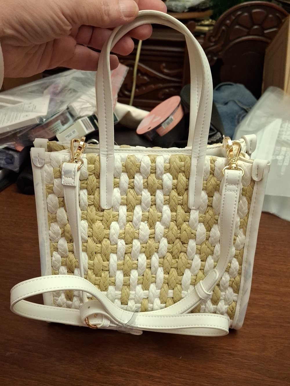 On 34th Woven White & Tan Tote Bag White Trim NWT